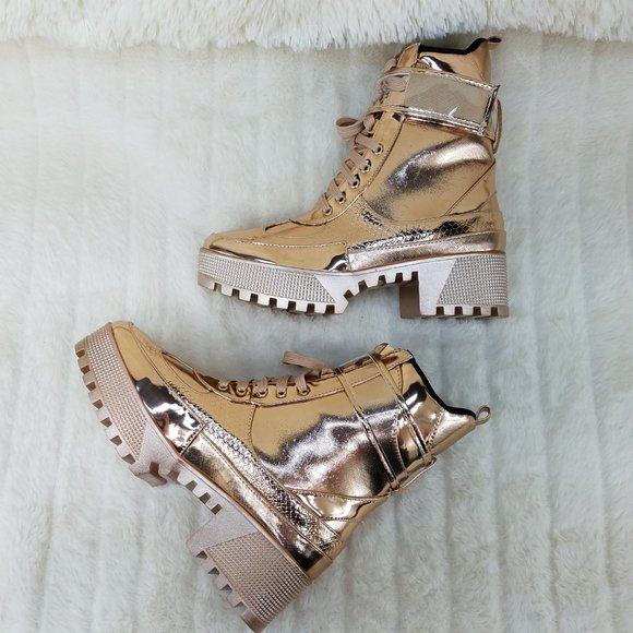 SIZE 11 Lynn Rose Gold Champagne Lug Sole Combat Boots - Picture 12 of 12
